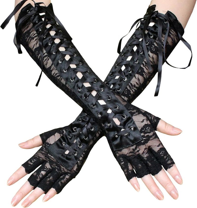 RainFlowwer Fingerless Gloves Steam Punk Goth Witch Long Elbow Arm Warmer Lace Sleeves for Costume Party Halloween Cosplay - Image 1